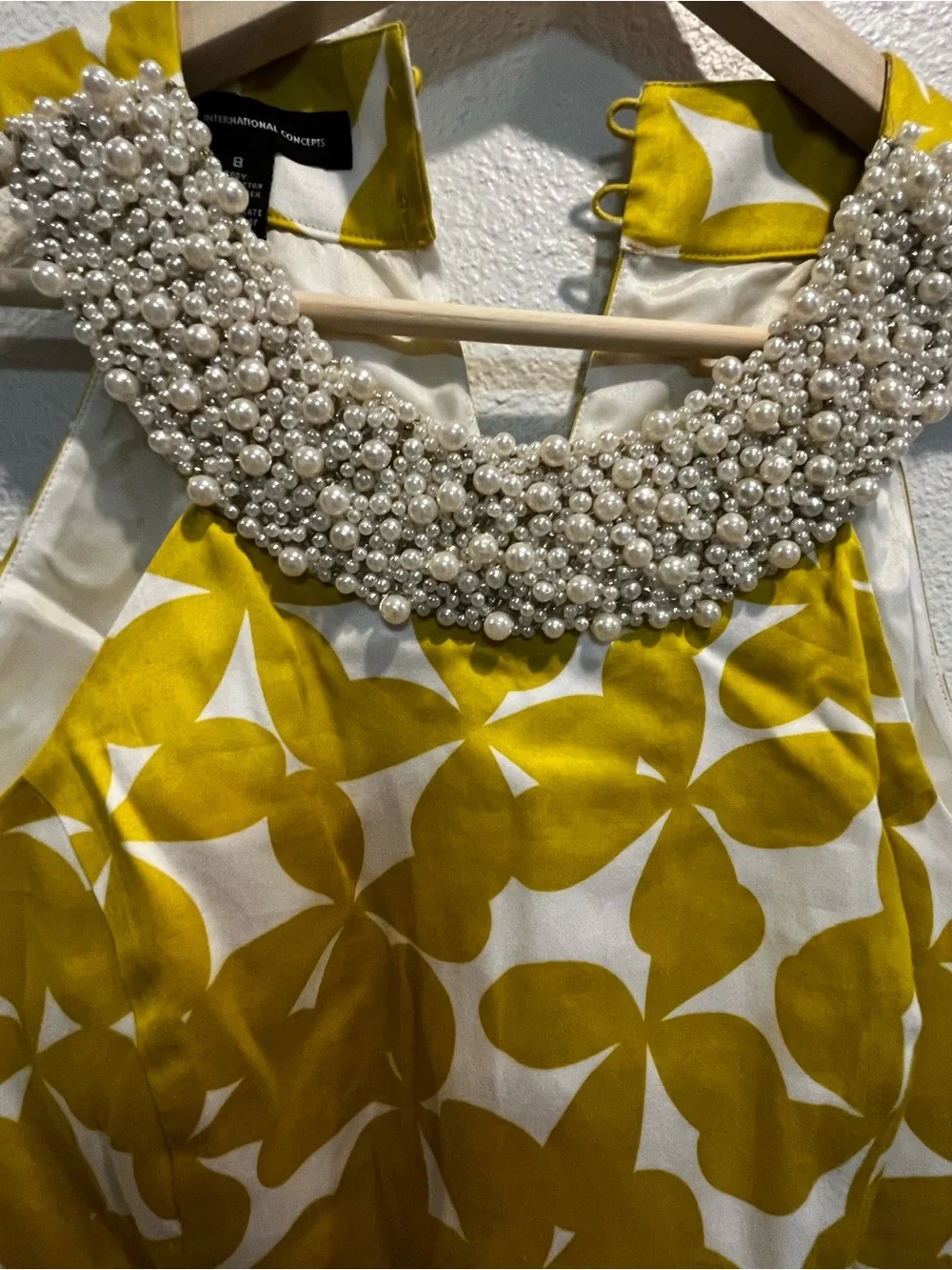 INC International Concepts Yellow and White Printed‎ Dress with Beaded Collar